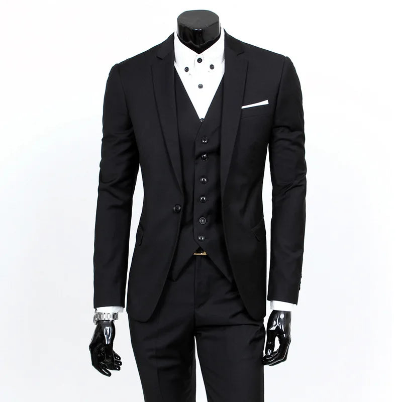 Spring Autumn New Fashion Men's Trendy Slim Business Solid Color 3 Pieces of Suits Sets Single Greasted Blazers Waistcoat Pants