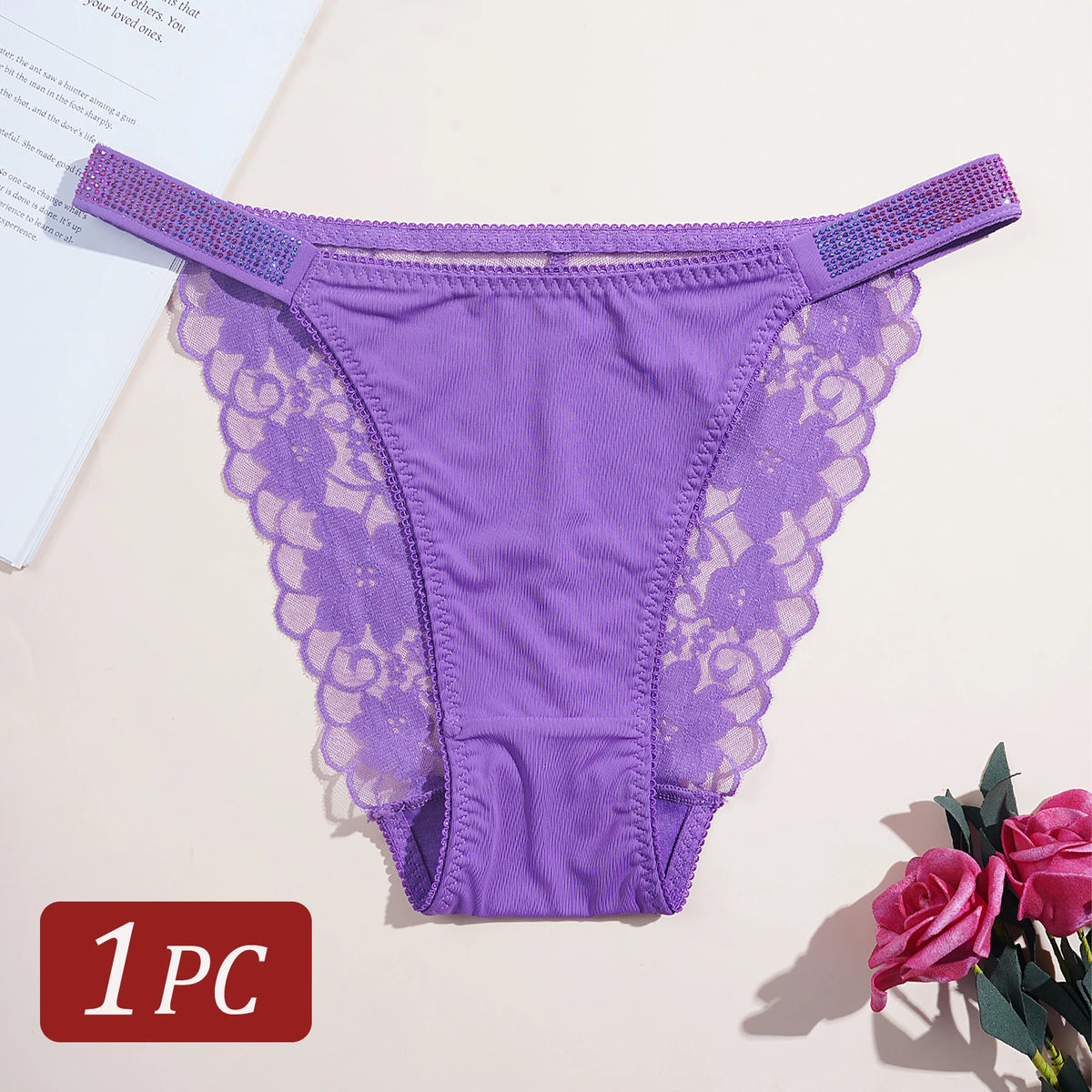 1PC Rhinestone Lace Sexy Girls Women Panties Solid Color Seamless Underwear Elegant Lace Floral Design Low Rise Briefs Lingerie