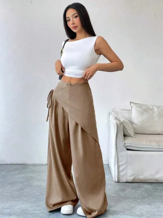 Elegant Irregular Suit Pants for Women High Waist Loose Wide Leg Pants Asymmetrical Lace Up Trousers Elastic Waist Casual Pants