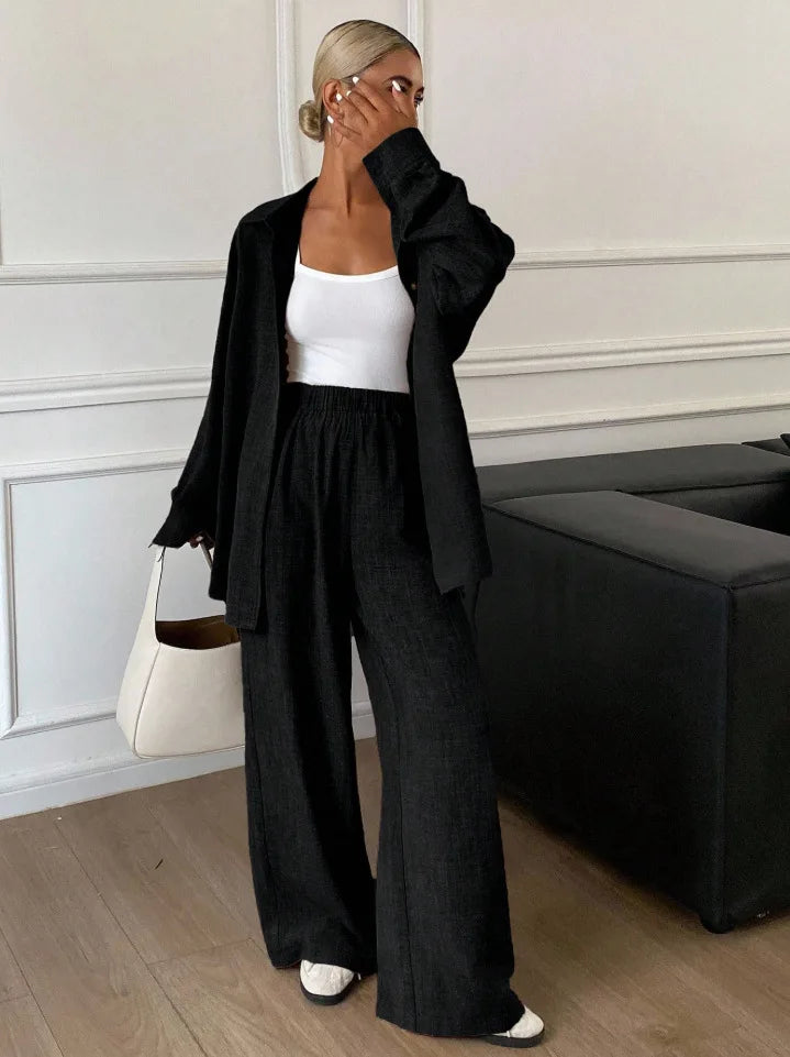 2026 New Women Linen Two Piece Outfit Set Lapel Long Sleeve Button Shirts Elastic Waist Wide Leg Pants Casual Loose Home Suit