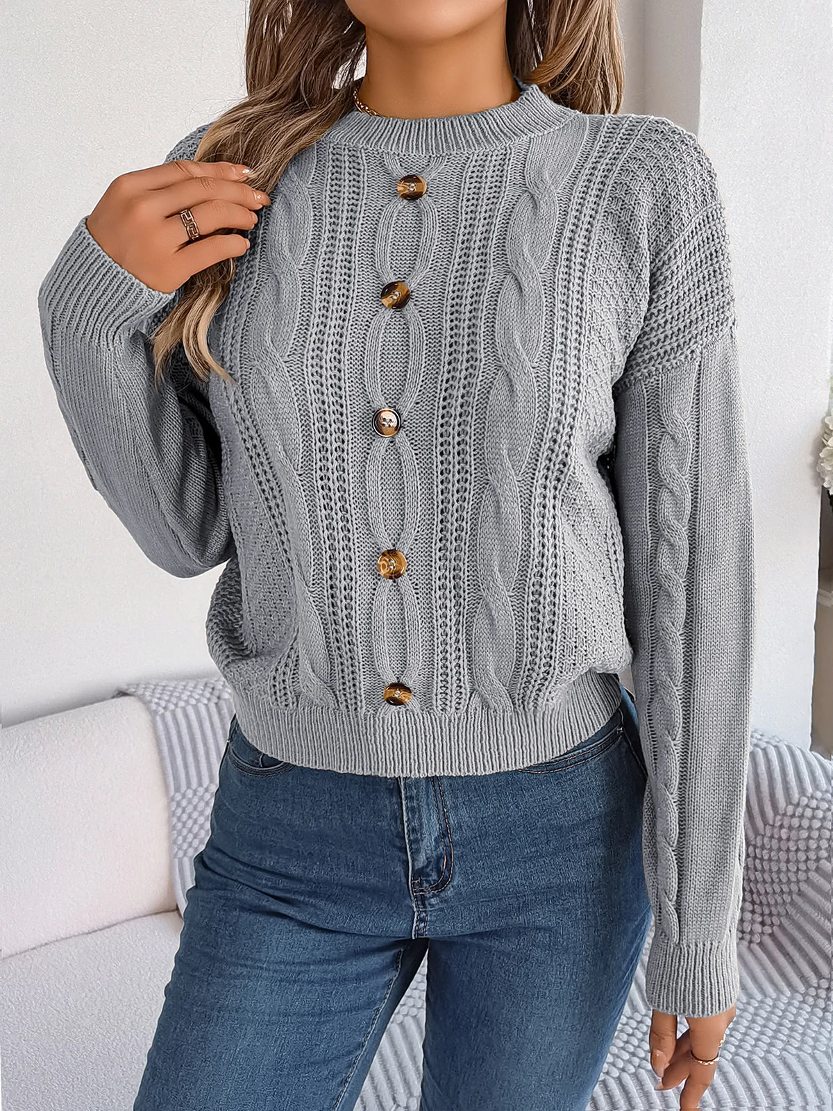 Women's Solid Color Round Neck Buttons Knitted Sweater 2026 Autumn Winter Casual Long Sleeve Pullover White Grey Green Woman Top