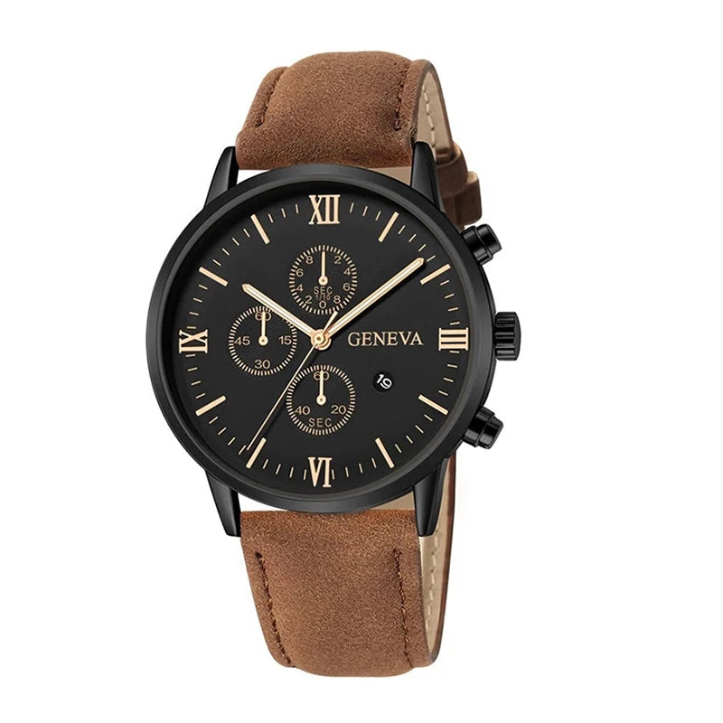 1/3PCS Men's Watch Casual Leather Band Analog Quartz Watches with Calendar
