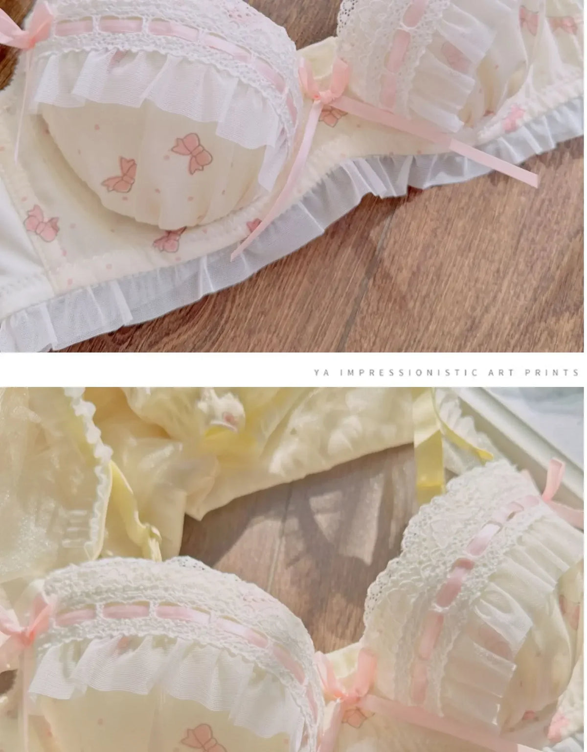 MOYISU Lolita Pure Desire Cute Princess Style Thin Cup Bra Set Printed Cute Bow Bra Comfortable Lace Underwear Goth Underwear