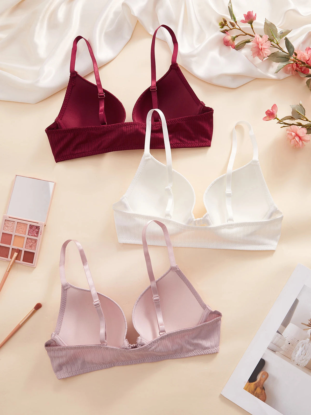 1 3 5Pcs Everyday Solid Women Bra Front Closure Push up Sexy Bras Ribbed Unlined Sweet Women's Underwear