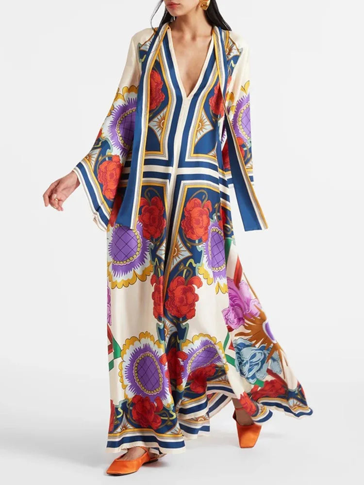 Elegant Stand Collar Printed Dress – High Waist Long Sleeve Casual Party Wear | فستان نسائي أنيق بطبعة وياقة عالية – خصر مرتفع وأكمام طويلة لإطلالة كاجوال أو حفلات