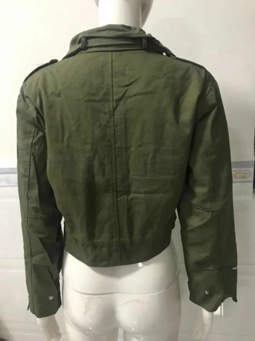 Women Cropped Cargo Jacket Stand Collar Zip Button Long Sleeve Coat Multi Pocket Drawstring Streetwear Casual Short Outerwear
