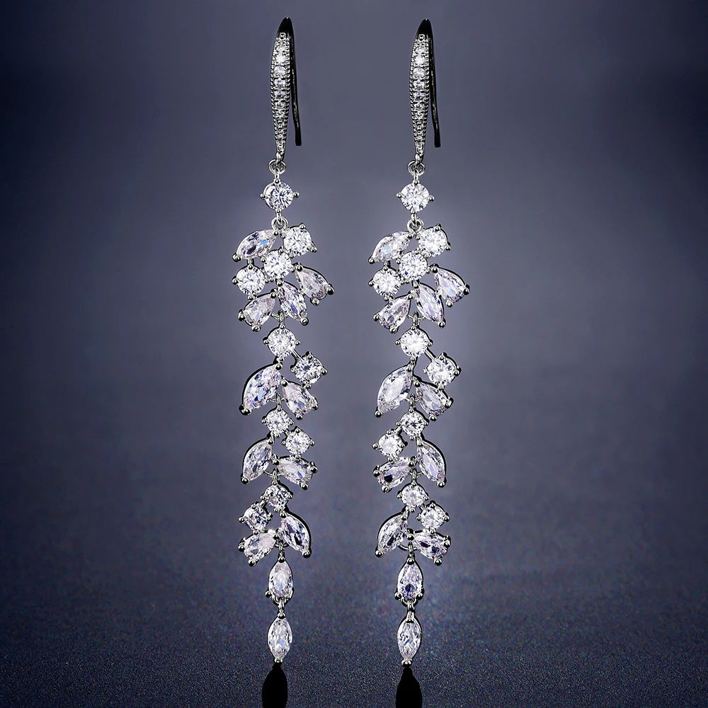 ZAKOL Fashion Cubic Zirconia Leaf Long Dangle Earrings for Elegant Women White Leaves Drop Earring Bridal Wedding Jewelry