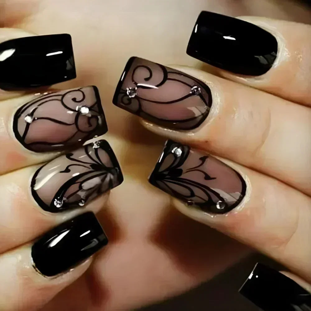 24Pcs Solid Black Short False Nails with Rose Pattern Design Ballerina Square Artificial Full Cover Press on Nail Tips for Girls