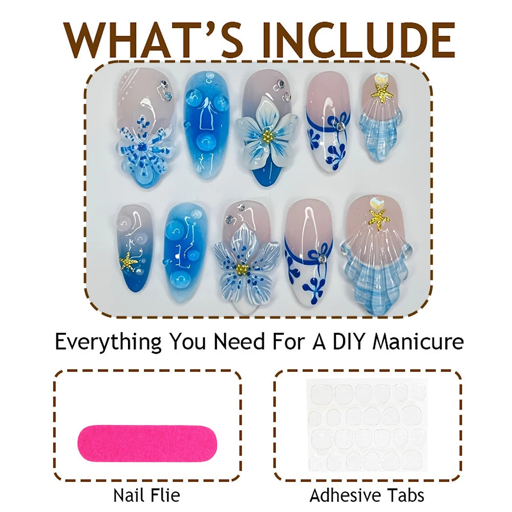 30pcs Epoxy Seashell Orchid Water Droplets False Nails Blue And White Porcelain Press On Nails Long Almond Starfish Fake Nails