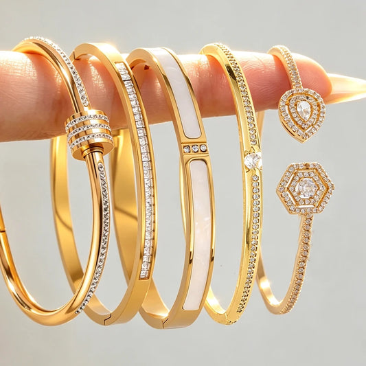 ZAKOL 5/1pcs Sparkling Zirconia Inlaid Stainless Steel Copper Bracelet Set for Women Luxury Shiny Zircon Stackable Jewelry Gift