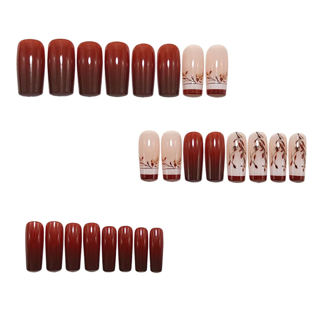 Medium long fake nails for women gilrs gradient brown coffee flora leaf design reusable full over press on Artificial Nails set