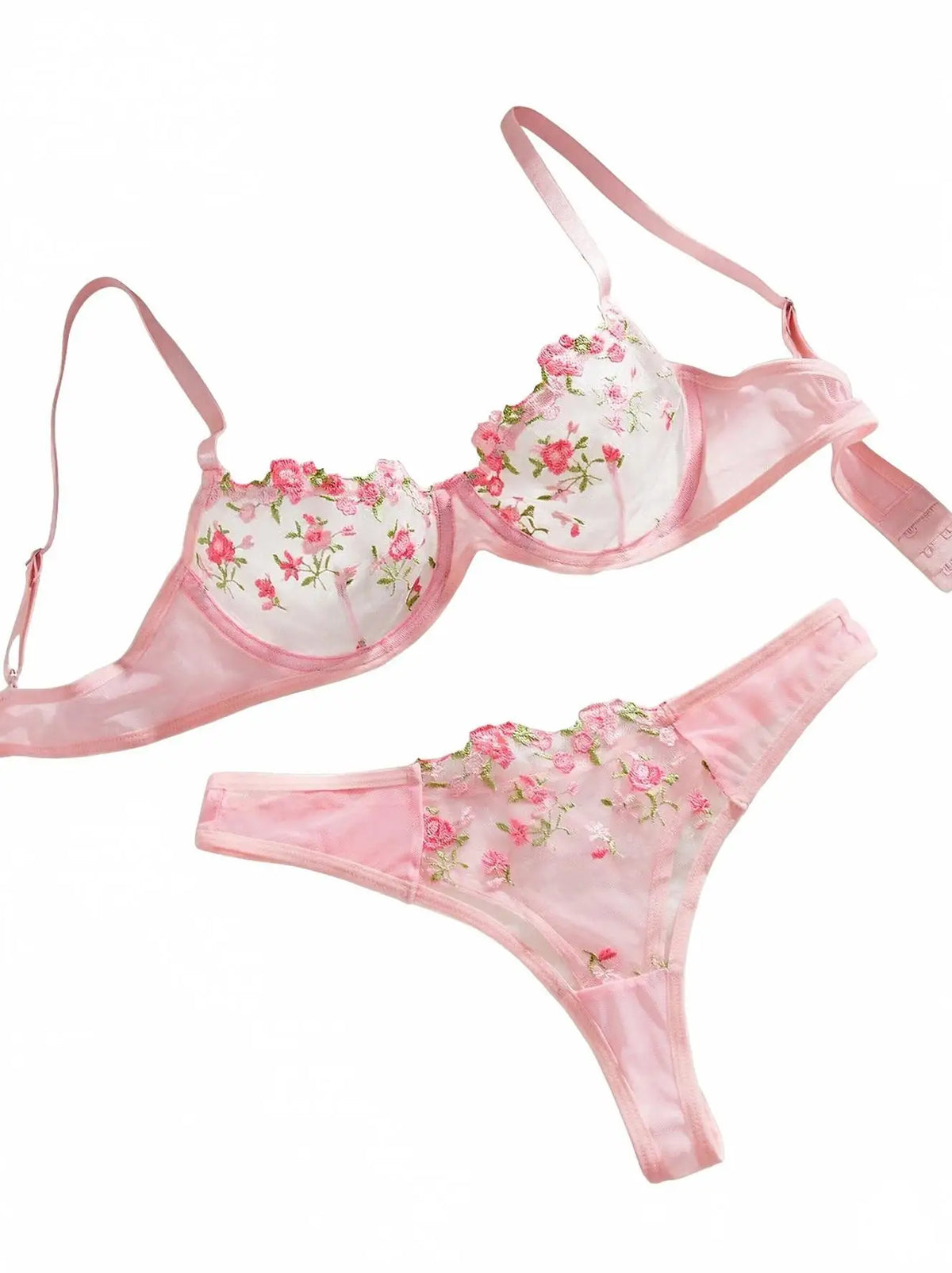 Pink Floral Embroidery 2-Piece Bra Set Women's Half Cup Thin Breathable Thong Underwear Valentine's Day Gift