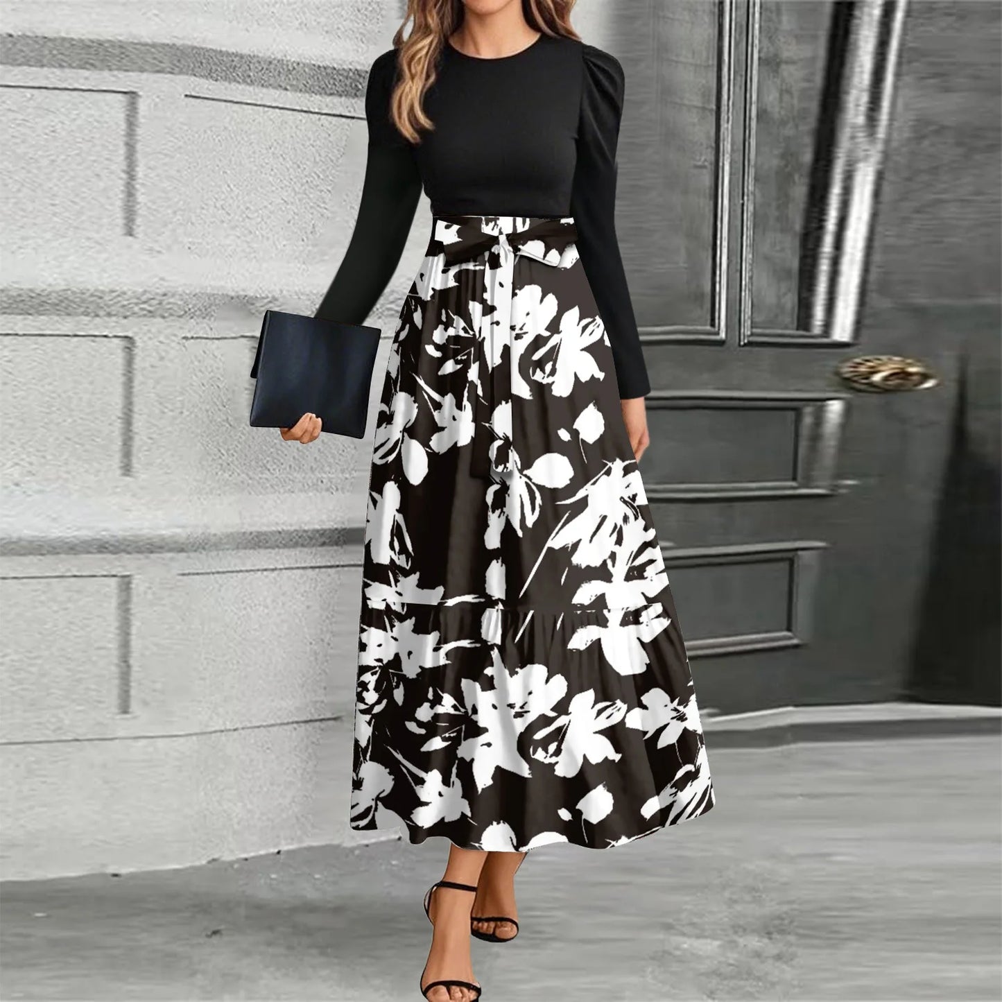 Printed High-Waist Long Sleeve Maxi Dress – O-Neck 2026