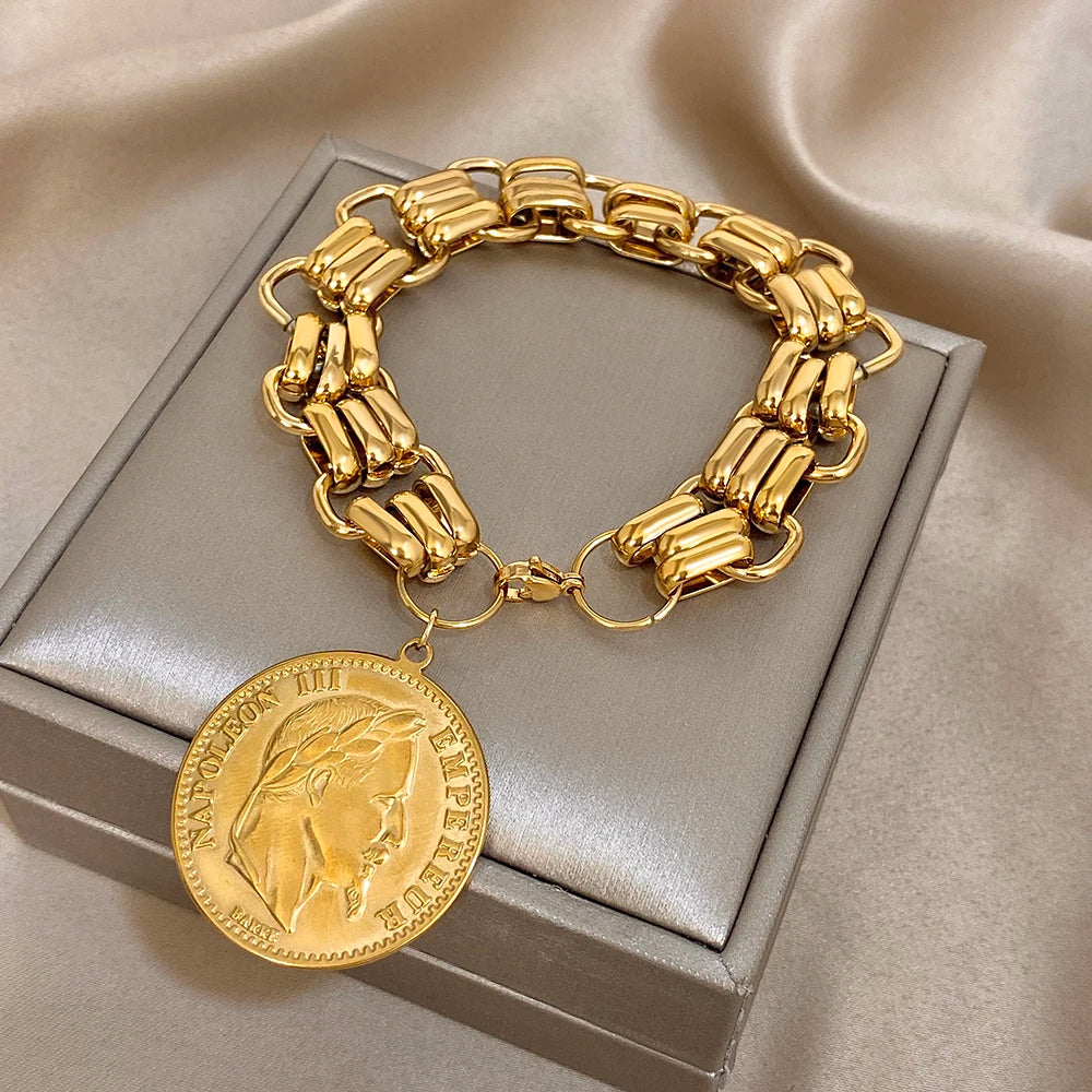 Chunky Punk Vintage Carved Head Portrait Coin Pendant Stainless Steel Bracelets Gold Plated Thick Chain Fashion Jewelry