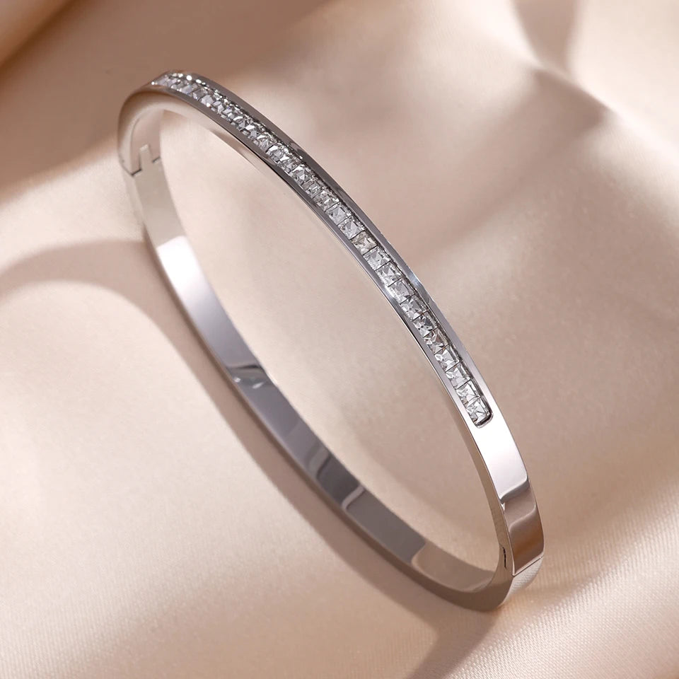 ZAKOL 5/1pcs Shiny Geometric Zirconia Inlaid Stainless Steel Copper Bracelet Set Heart CZ Stackable Bangle Jewelry Gift