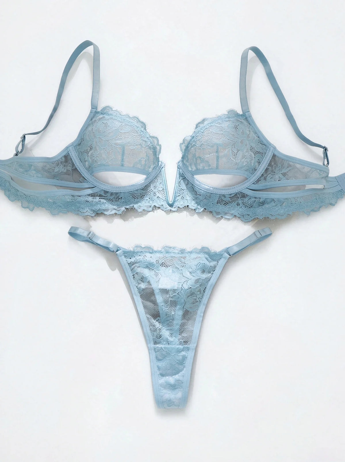 Women's Light Blue Sheer Lace Bra and Thong Panty Set – Sexy See-Through Mesh Lingerie 2-Piece with Adjustable Straps