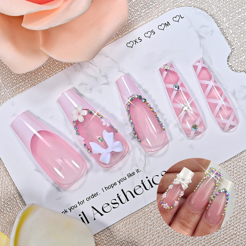 24Pcs Long Coffin French Fake Nails Acrylic Full Cover Square Head False Nails Bow Rhinestone Design Wearable Press on Nails