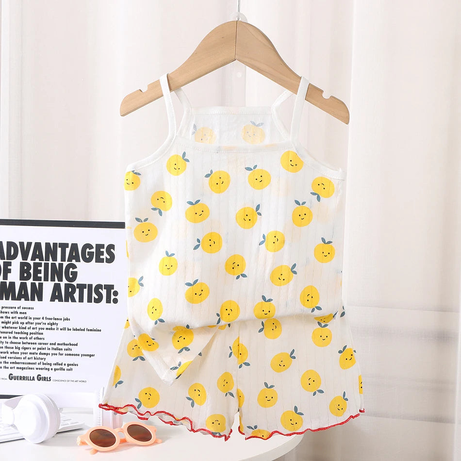 2025 Girl Ruffles Sleepwear Clothing Set Kids Summer Tank Tops Shorts 2 Piece Pajamas