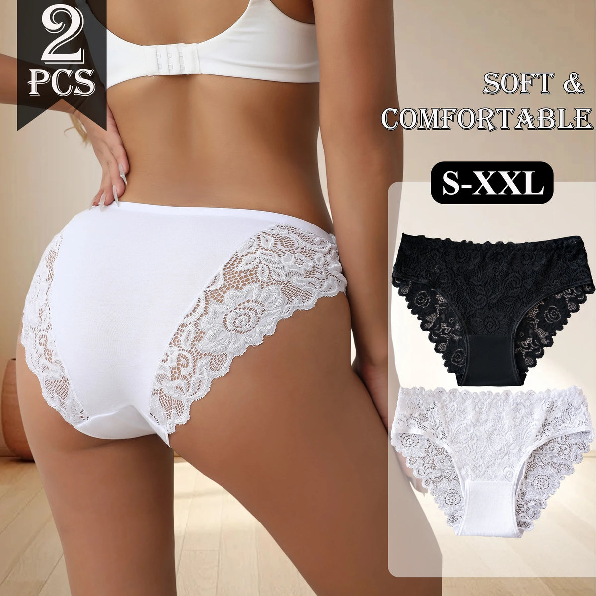 2PCS Classic Elegant Black White Panties Set Women Soft Comfortable Solid Color Cotton Underwear Lace Floral Design Sexy Briefs