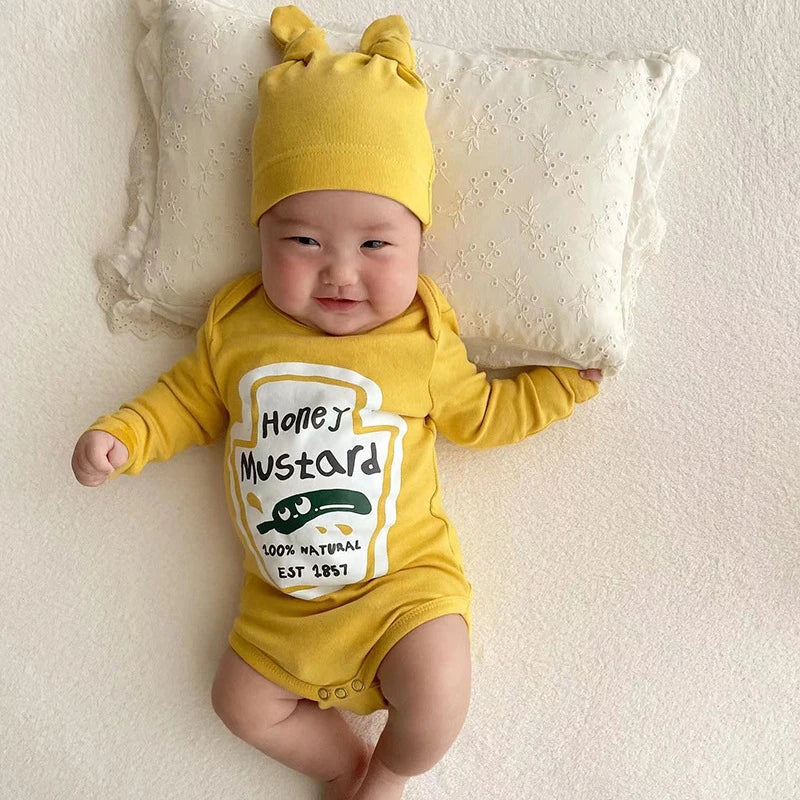 Infant Newborn Romper  Sauce Onesie with Hat Baby Bodysuit Cosplay Baby Twins Red Tomato Ketchup and Yellow Mustard Costume 0-2T