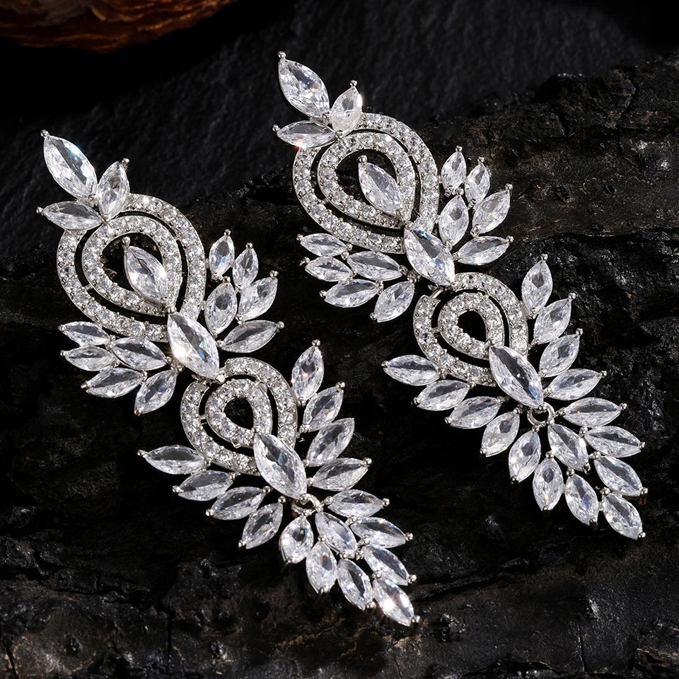 ZAKOL Luxury Leaf Marquise Zircon Long Drop Dangle Earrings Shiny Zirconia Bridal Women's Wedding Party Jewelry Accessories