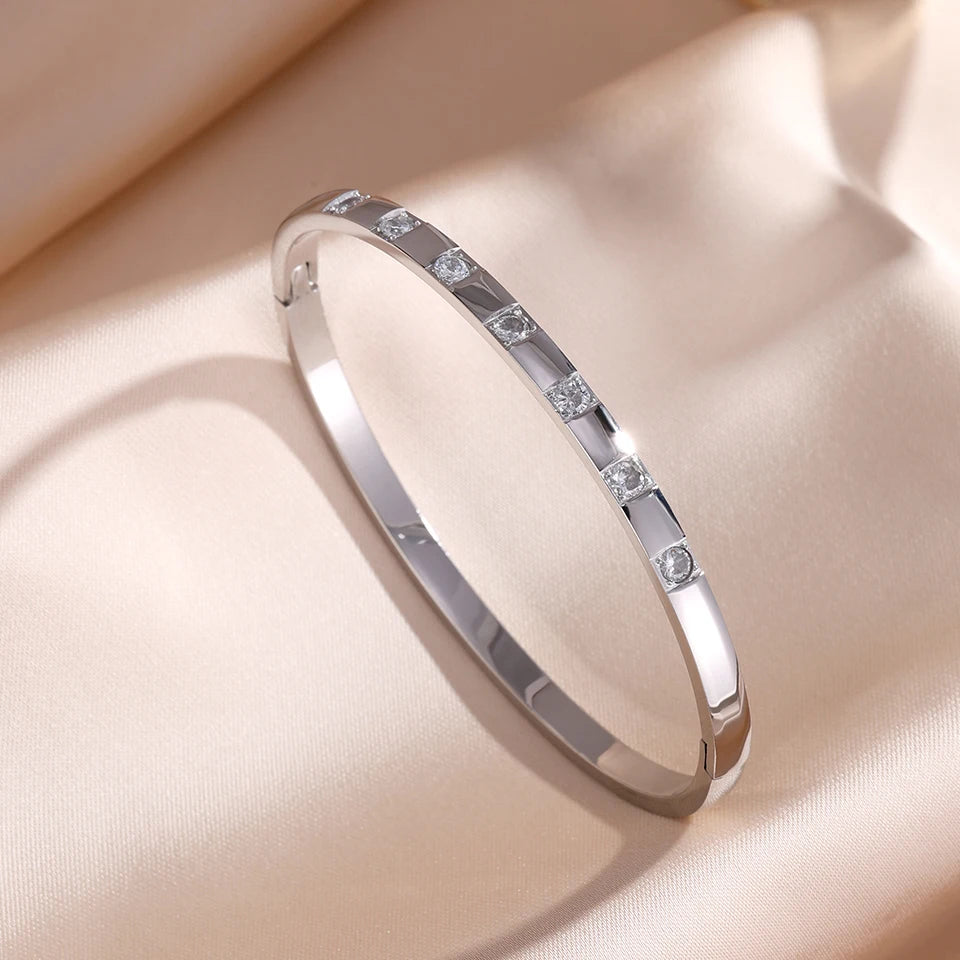ZAKOL Stainless Steel Round Zircon Inlaid Bracelet Bangles for Women Three Colors Couple Holiday Gift Bracelet Party Daily Jewel
