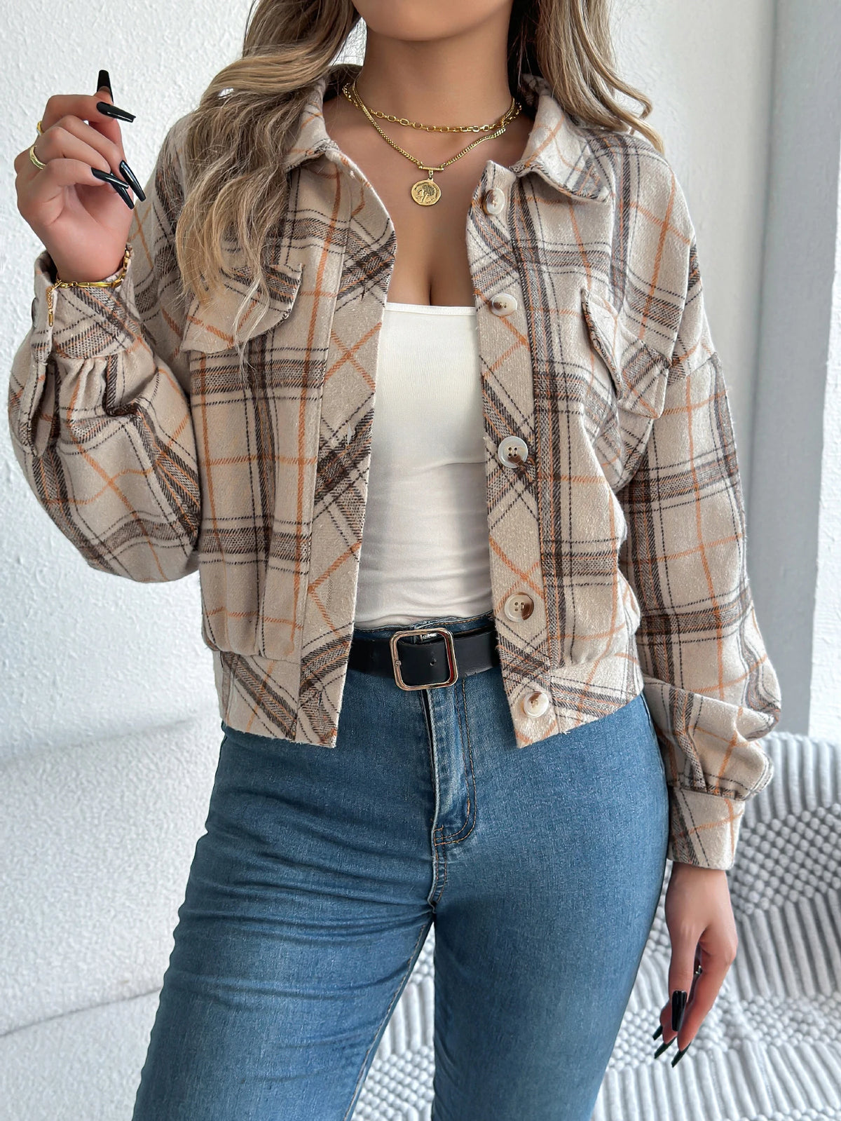 Autumn Winter Casual Plaid Cropped Jacket Lapel Lantern Long Sleeve Single Breasted Woolen Jacket 2026 Fashion Women Clothes