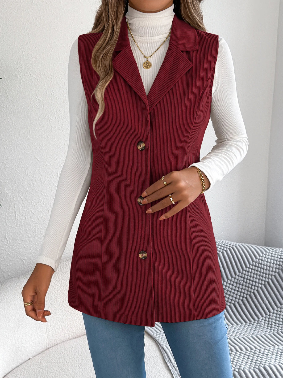 Autumn Winter Corduroy Coat Women 2026 Casual Solid Color Single Breasted Lapel Sleeveless Jacket Khaki Red Black Woman Clothing