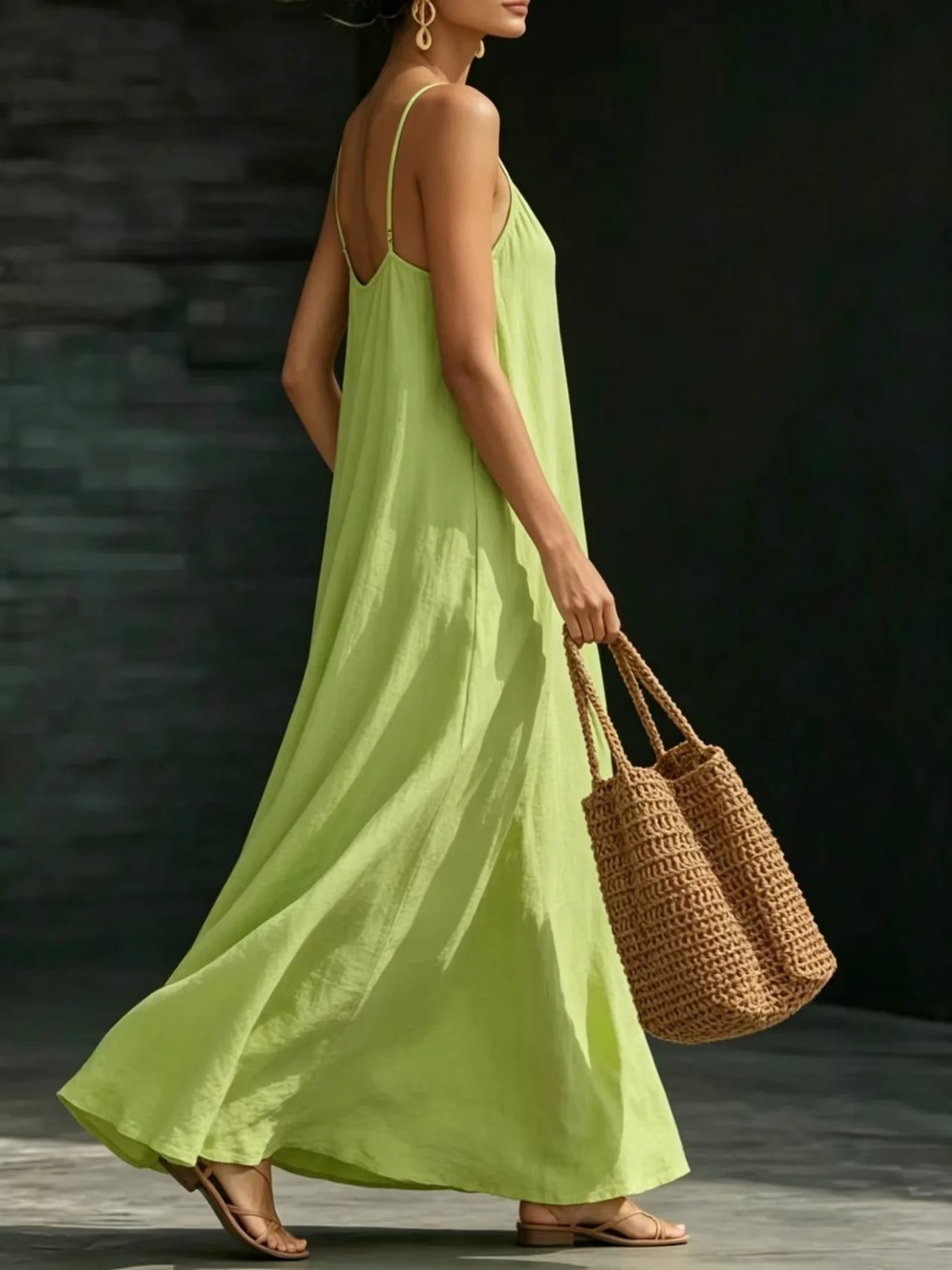 Women Linen Spaghetti Strap Maxi Dress V Neck Loose Swing Long Dress With Pockets Casual Summer Beach Vacation Sundress Ladies