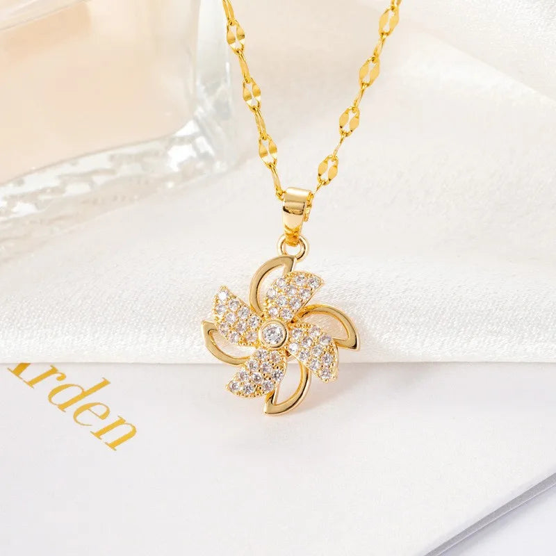 Trendy Rotation Spin Sunflower Stainless Steel Zircon Necklaces For Women Metal Crystal Necklace Party Birthday Gifts Jewelry