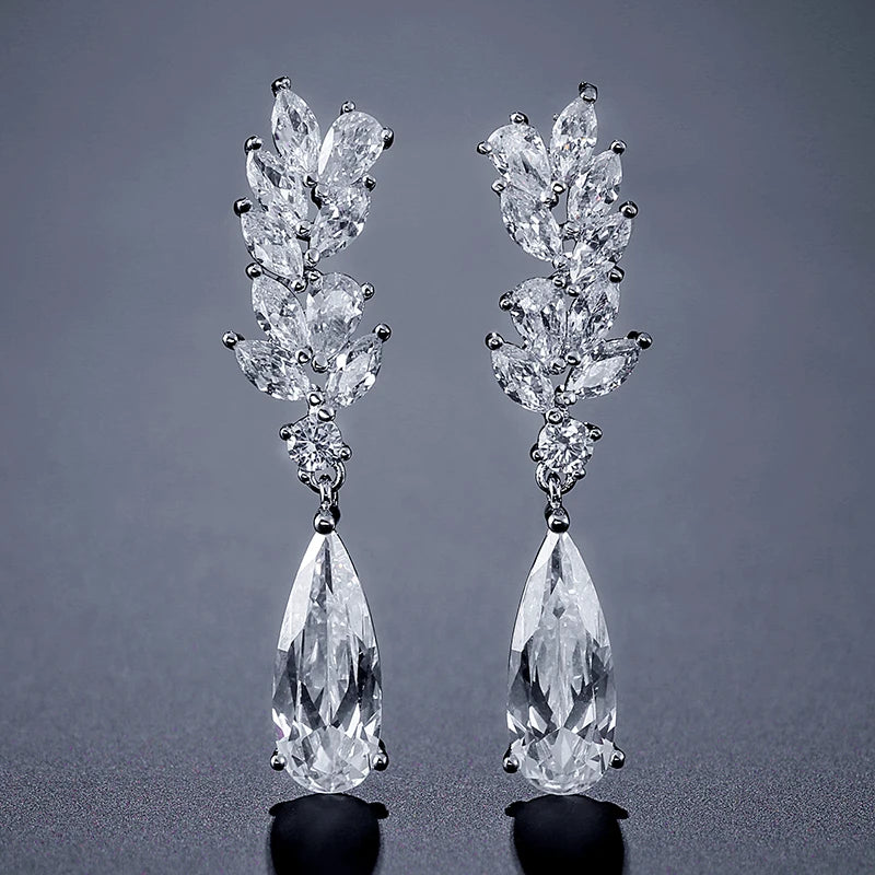 ZAKOL White Zircon Leaf Dangle Earrings for Women Shinny Water Drop Crystal Flower Pendant Earring Bridal Wedding Jewelry