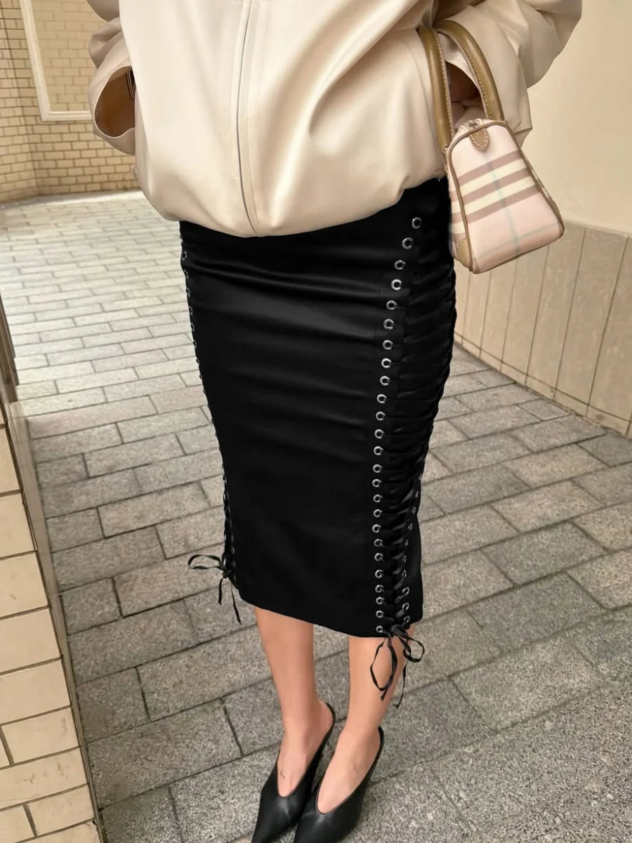 Autumn Vintage Solid Satin Midi Skirts Sexy Lace Up French Black Slim Fit Split Skirts Casual High Waist Female Streetwear