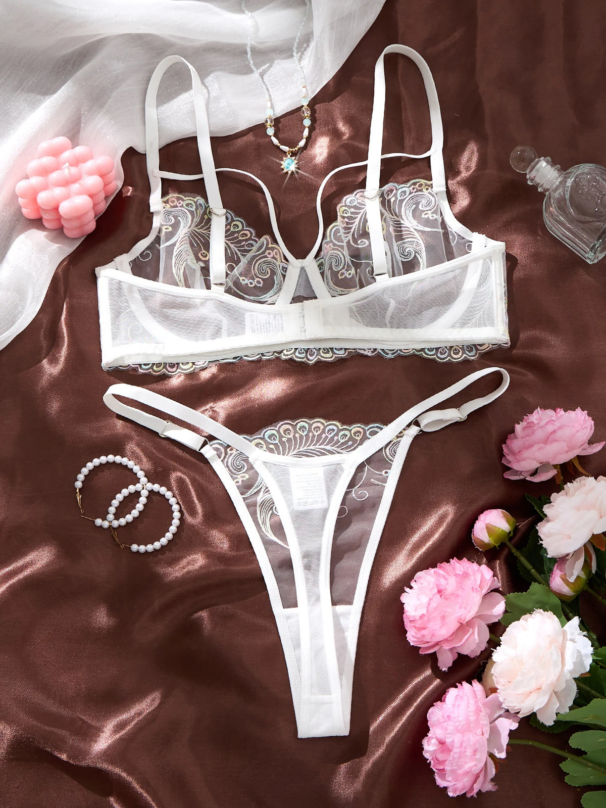 Iridescent Peacock Feather Lace Lingerie Set for Women - Sexy Sheer Mesh Push Up Bra and Thong Panty 2 Piece Underwear Sets