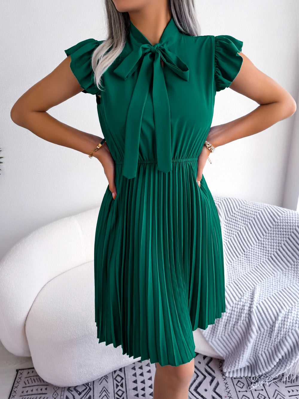 Elegant Bow Tie Pleated Dress 2026 Women Summer Solid Color Ruffles Short Sleeve Mini Dress Green Red Black Blue Woman Clothing