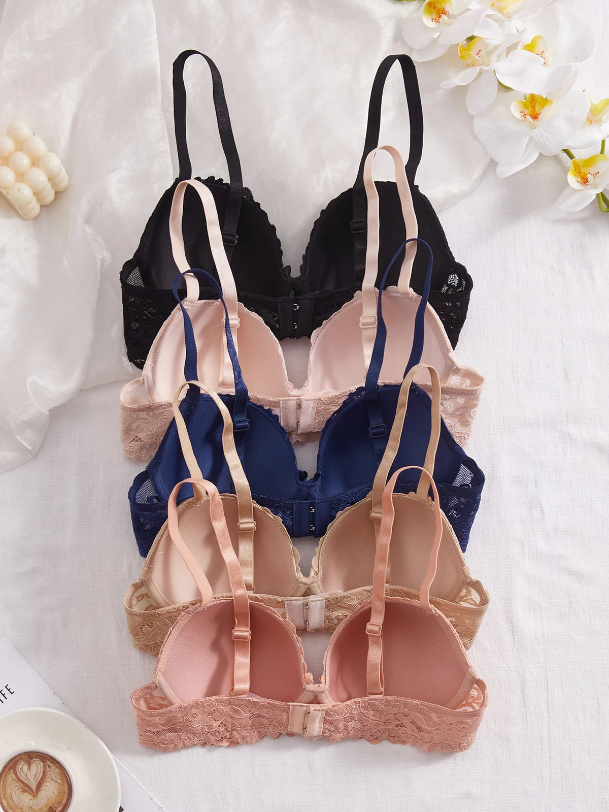5Pcs/Set Women's Floral Lace Bra Elegant Skin-Friendly Push Up Bra Breathable Comfort Underwire Support Anti-Sagging Lingerie
