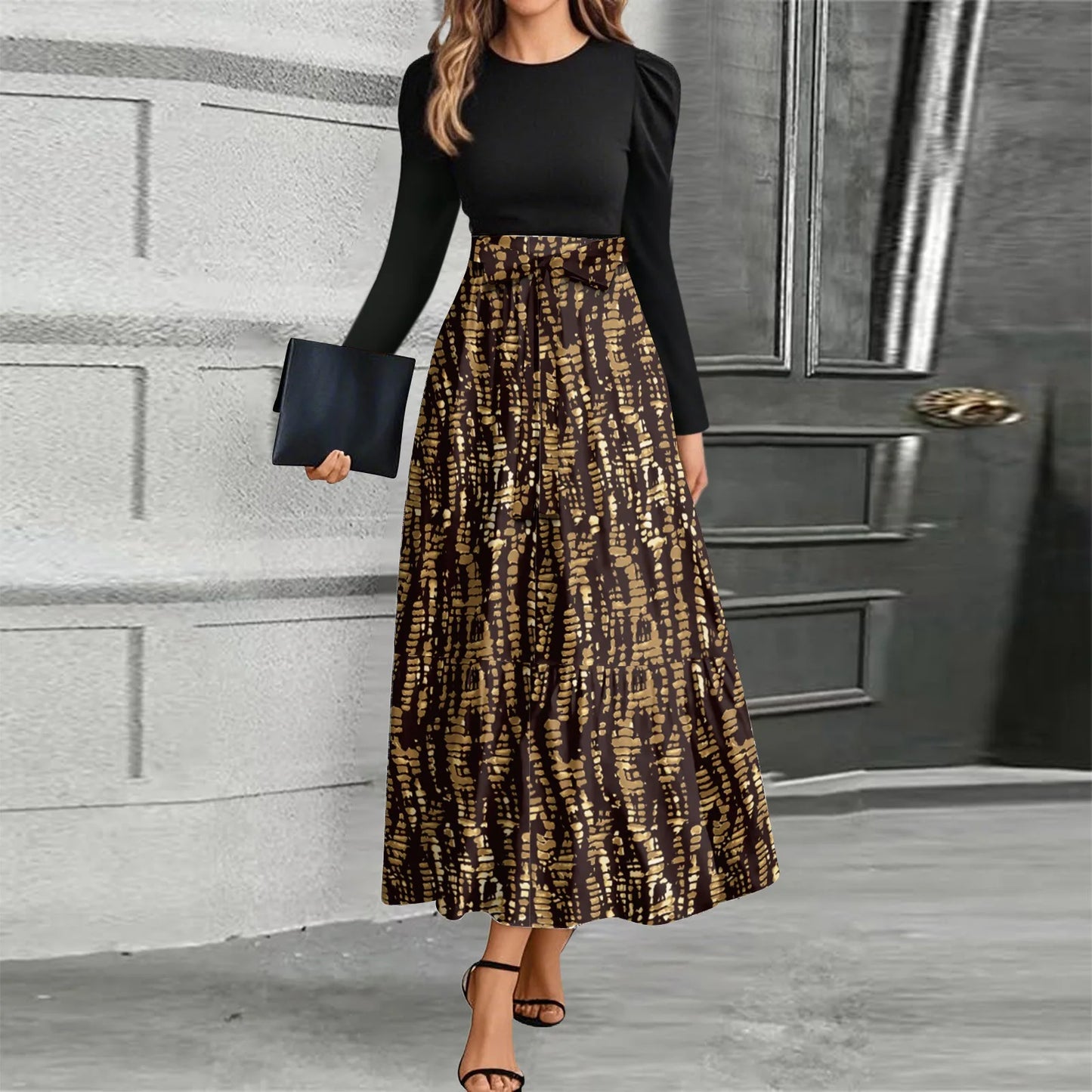 Printed High-Waist Long Sleeve Maxi Dress – O-Neck 2026