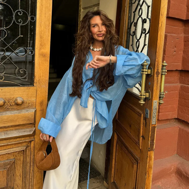 Casual Loose Solid See Through Blue Blouse For Women Sexy Lapel Long Sleeve Classic Shirt 2026 New Autumn Commuter Female Tops