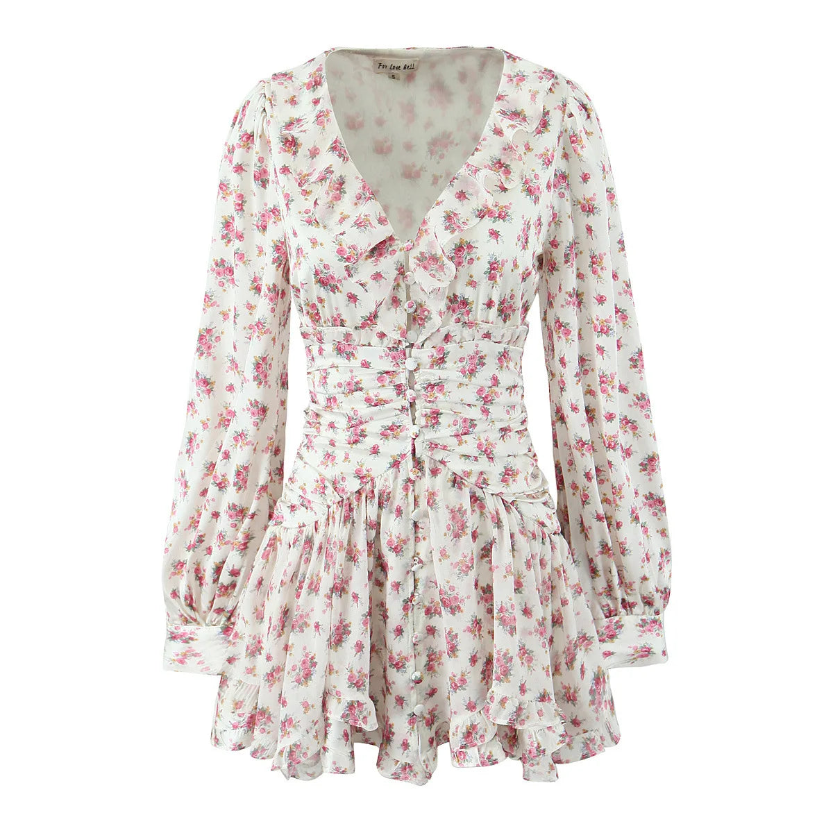 Boho Chic Floral Print Ruffle Mini Dress Women's Long Puff Sleeve V Neck Slim Fit A-line Party Dresses New Female Club Vestidos