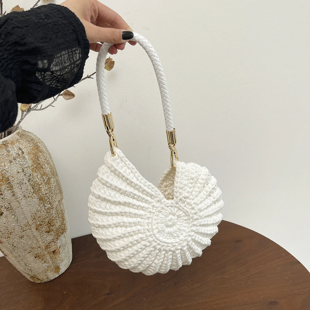 Handcrafted Shell Shaped Crossbody Bag Women's Beach Style Handbag City Simple Cotton Liner Soft round Shape Double Shoulder ...