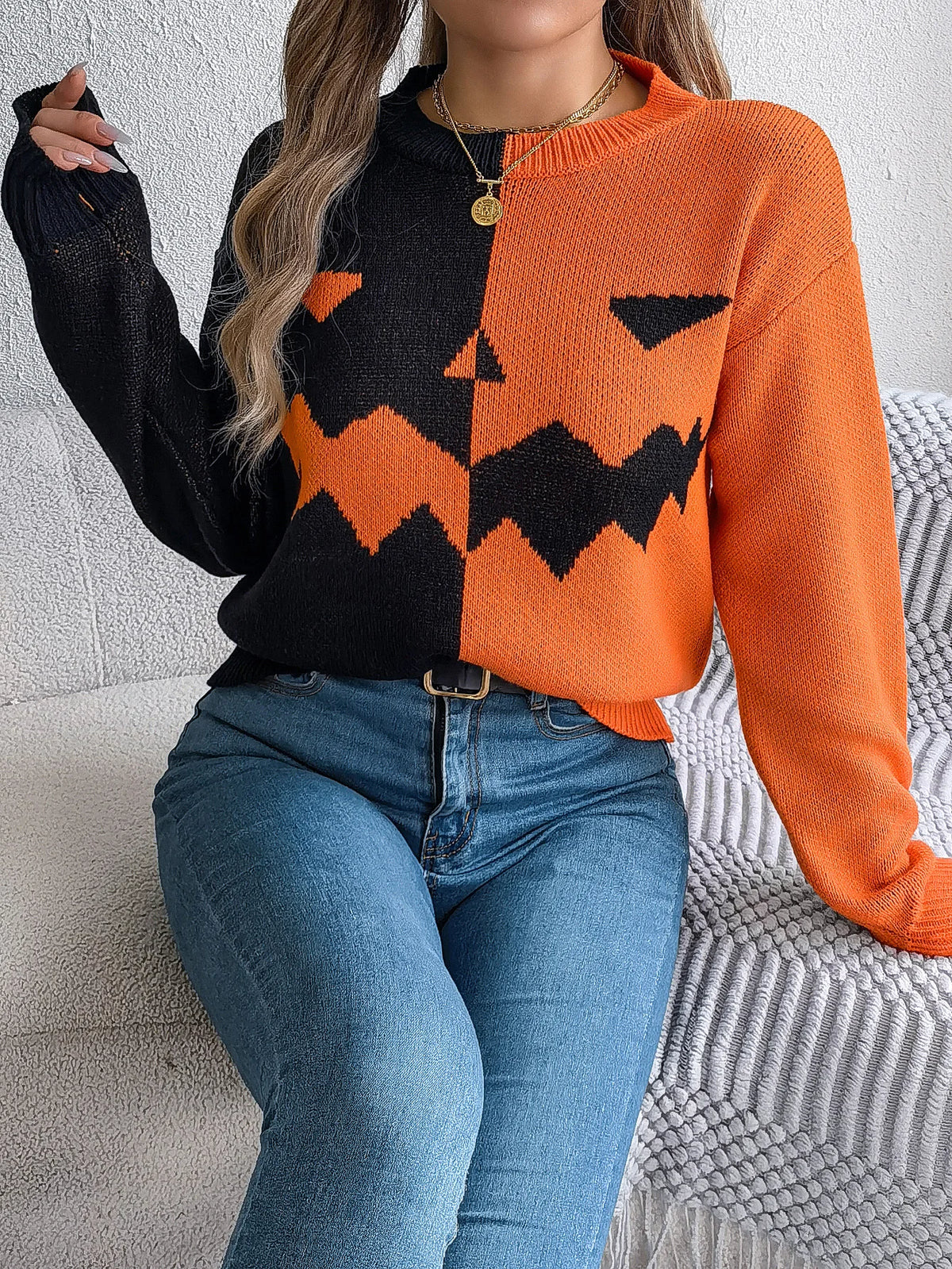 Halloween Women's Contrast Color Pumpkin Pattern Sweaters 2026 Autumn Winter Casual Round Neck Long Sleeve Knitted Pullover