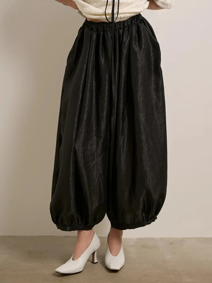 Women's Shiny Satin Solid Loose Fit Lantern Pants Elastic Waist Trousers Casual High Waist Commute Puffy Balloon Streetwear