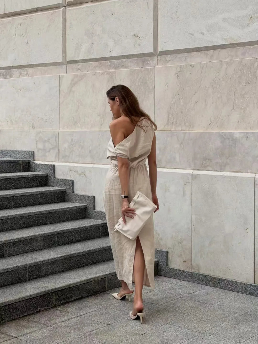 Elegant Solid One Shoulder Dresses Lady Skew Collar Waist-cinching Sleeveless Long Dress 2026 Women New Party Club Gowns