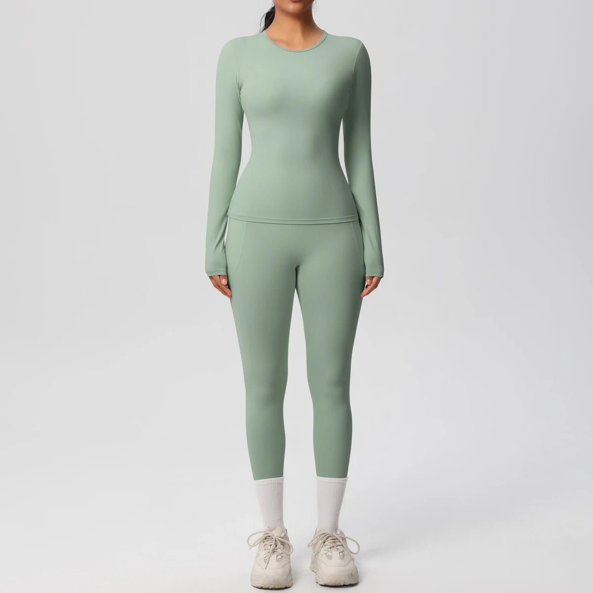 Summer 2PCS Women's Yoga Suit Solid Color High Stretch Slim Casual Long Sleeves Quick Drying Push Up Women Pockets Pants Set