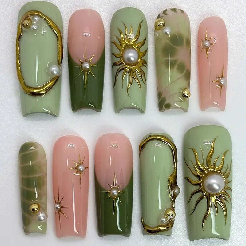 24Pcs Green French Press on False Nails with Pearl Long Square Head Nails Set Sun Star Pattern Wearable Full Cover Fake Nail Tip