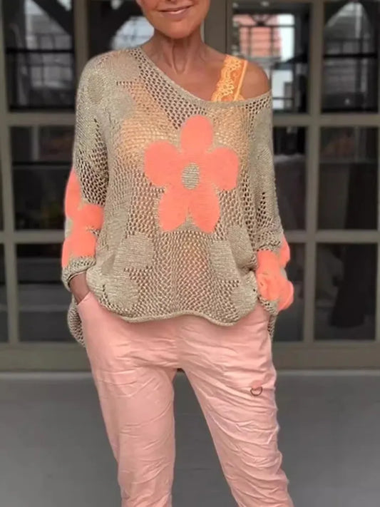 BKLD Hot Sales Flower Knitted Hollow Out V-Neck Tops 2026 Summer New Women Clothing Mesh Cover-Ups Beach Party Long Sleeve Tops