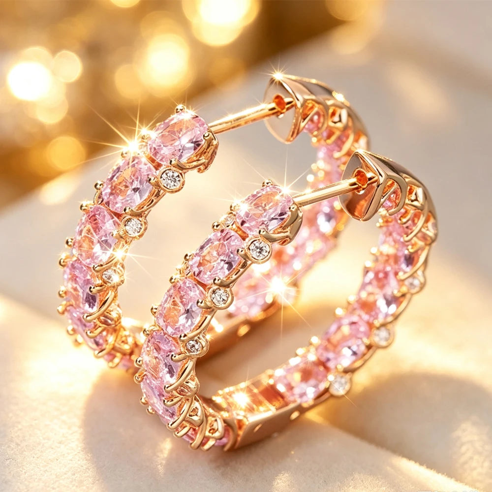 ZAKOL Gorgeous Bright Pink Zirconia Crystal Hoop Earrings for Women Luxury Party Accessories Trendy Wedding Jewelry