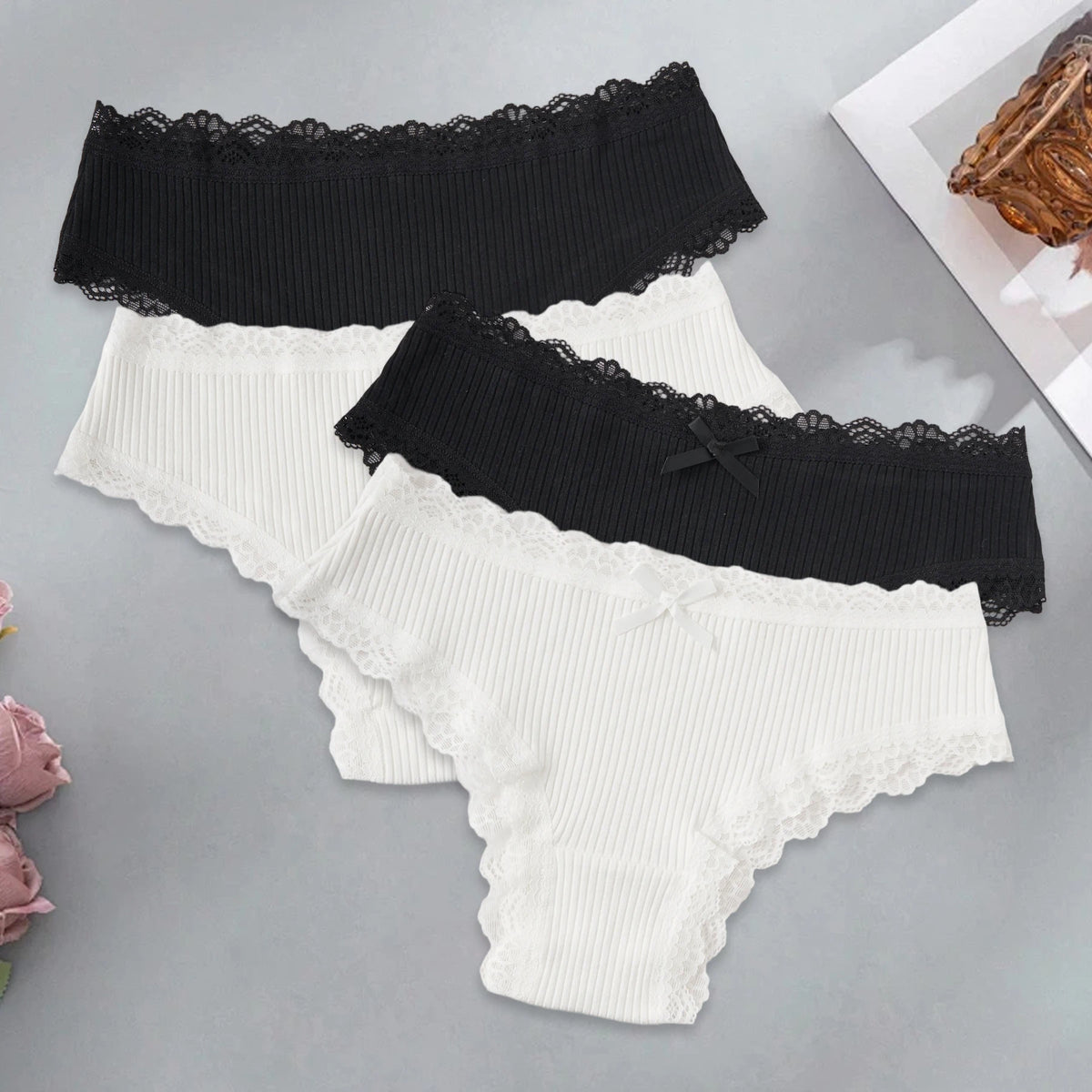4PCS/Set Seamless Lace Trim Underwear Women's Sexy Low Waist Panties Solid Color Ribbed Cotton Briefs Breathable Daily Lingerie