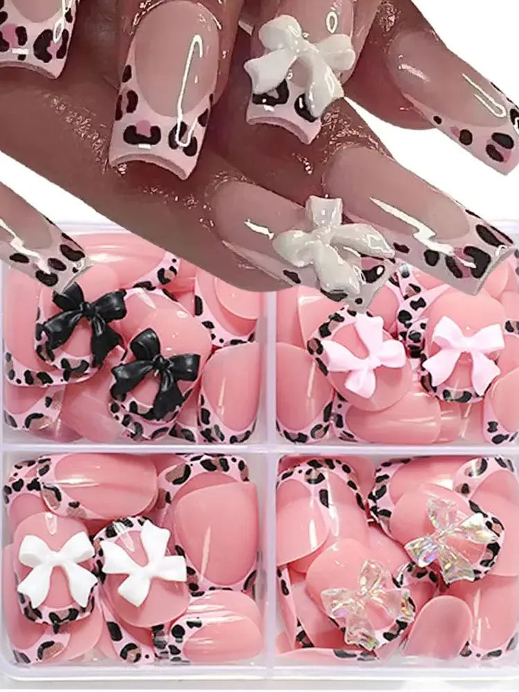 96Pcs/box Pink Leopard Print Short Square False Nails 3D Bowknot Acrylic Full Cover French Fake Nails Wearable Press On Nails