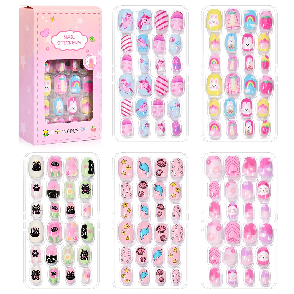 120Pcs Cartoon False Nails for Girls Kawaii Acrylic Short Square Full Cover Fake Nails Tips Kids Press on Nails with Jelly Glue