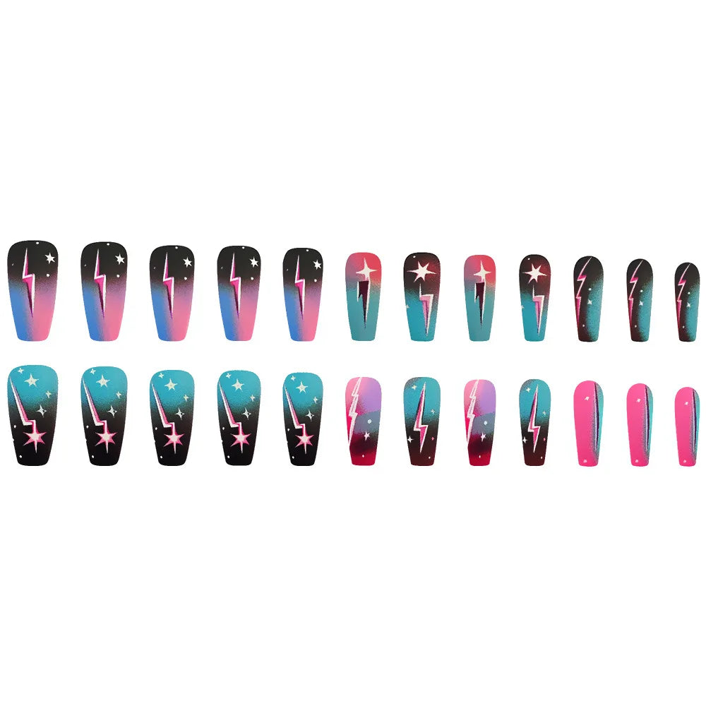 24pcs/set Medium fake nails for women girls gradient green blue cloud star lightning for summer full cover press on false nail